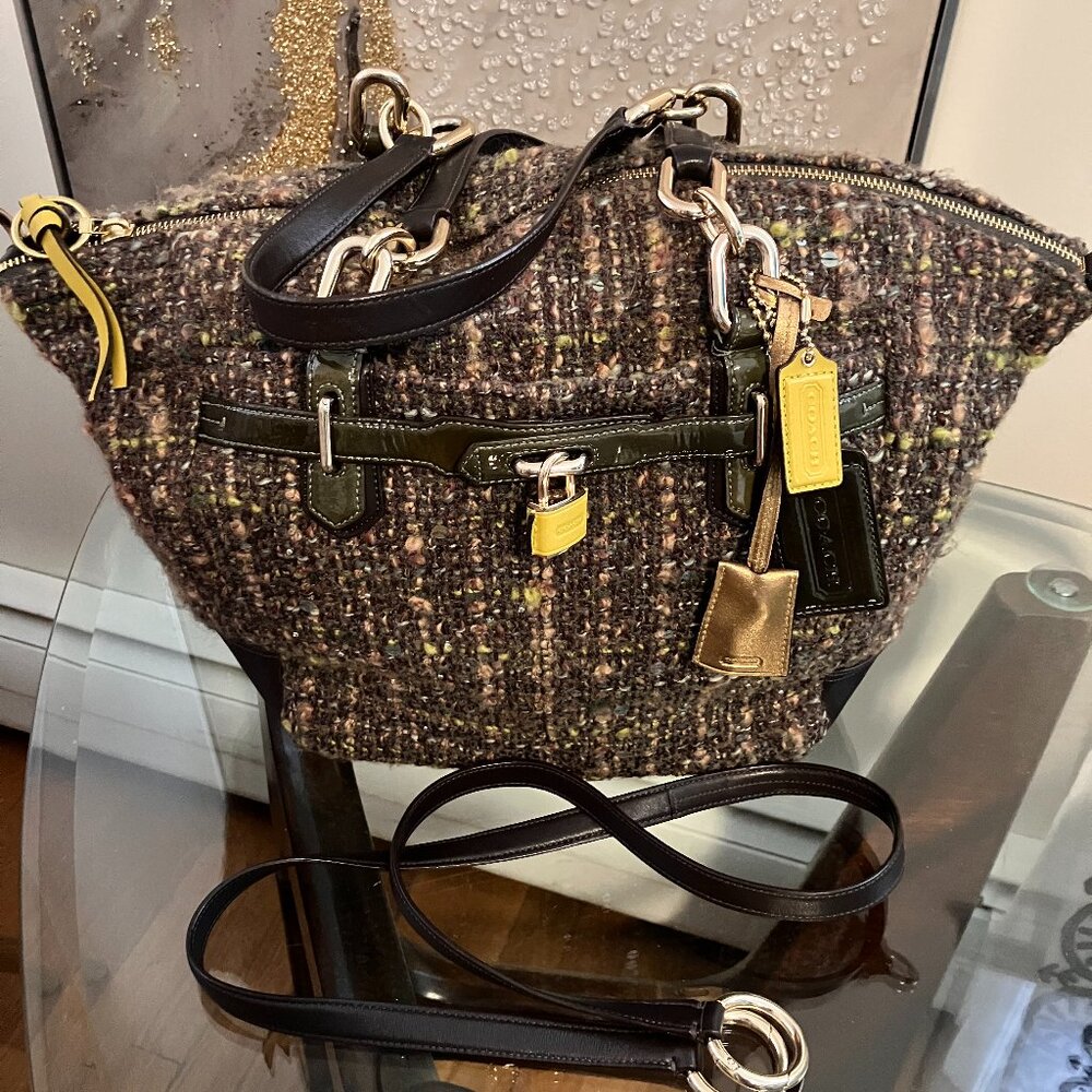 Coach Chelsea Bouclé Emerson Convertible Satchel Brown Tweed Leather Bag